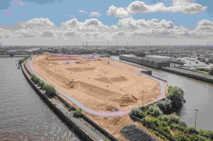 uftaufnahme des Baugebiets Grasbrook in Hamburg während der Geländefreimachung und Kampfmittelsondierung, mit großflächigen Erdarbeiten auf einer ehemaligen Wasserfläche.