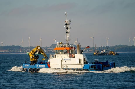 Multicat DÜNE der EGGERS Kampfmittelbergung im Einsatz zur Munitionsbergung in der Ostsee mit Blick auf Offshore-Windkraftanlagen