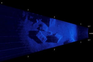 Sonaraufnahme des Meeresbodens mit verdächtigen Objekten. Hochauflösende Ortung für Erkundung und Kampfmittelbergung durch EGGERS Marine Service im Rahmen der Entsorgung von Munitionsaltlasten in Nord- und Ostsee (Pelzerhaken Nord).